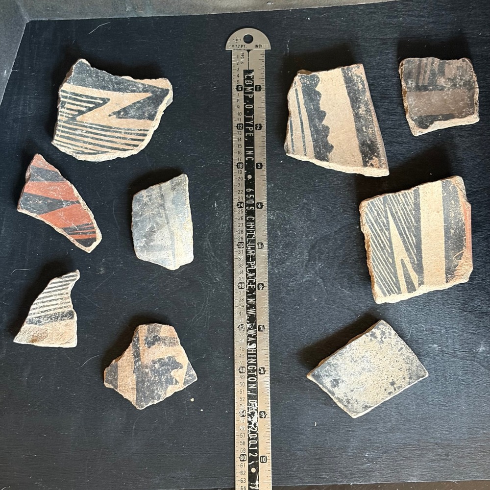 9pc Hand Painted Pottery Shards Geometric Southwestern Style Artifact Fragments‎